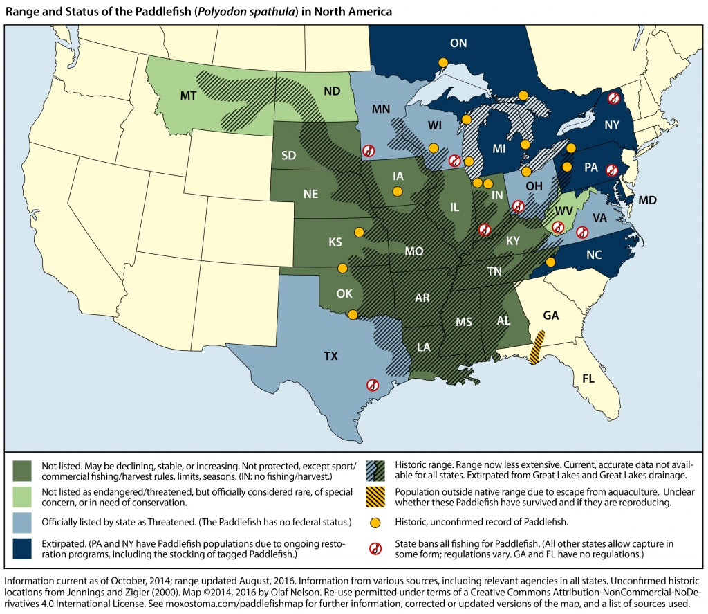 Map showing range of Paddlefish in North America